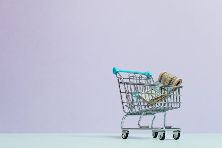 Amazon Paket nicht erhalten – Mini-Einkaufswagen mit Geldscheinen als Symbol für Rückerstattung