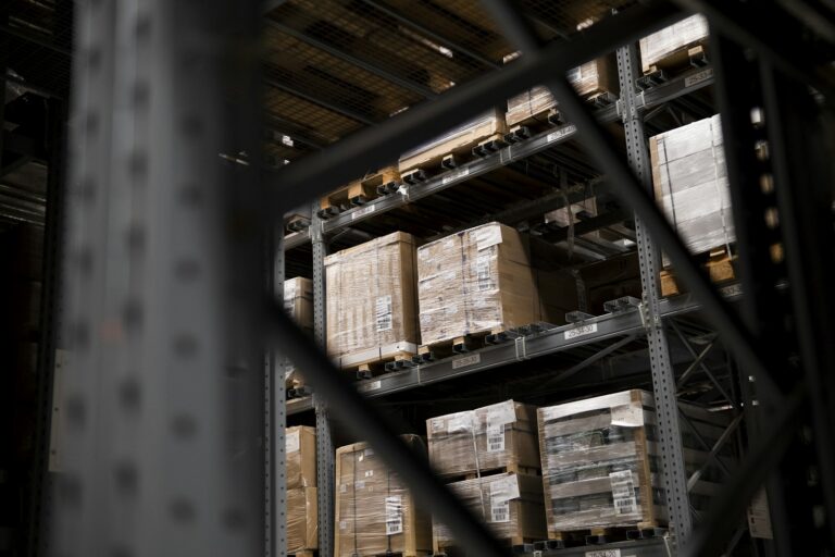 Absturzsicherung in der Logistik – Hochregal mit Kartons auf Paletten